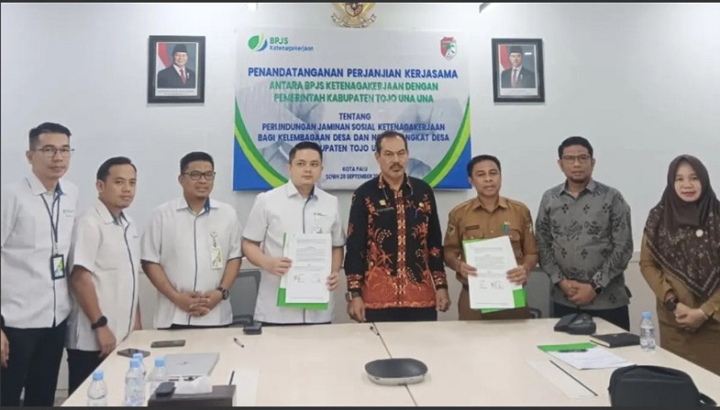 Sekda Tojo Una-Una Alfian Matajeng bersama jajaran Pemkab Touna dan BPJS Ketenaga kerjaan saat pembahasan dan penandatanga nan kerja sama di Kantor Cabang BPJS Ketenaga kerjaan Sulawesi Tengah, Palu, Senin (28/9/2026) lalu. (ft: RadarPalu)