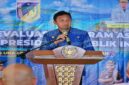 Bupati Tojo Una-Una Ilham Lawidu saat menyampaikan sambutan pada pembukaan Rapat Koordinasi (Rakor) Evaluasi Program Asta Cita di Reconnect Buka Buka Island, Kecamatan Ampana Tete, Jumat (11/9/2026).